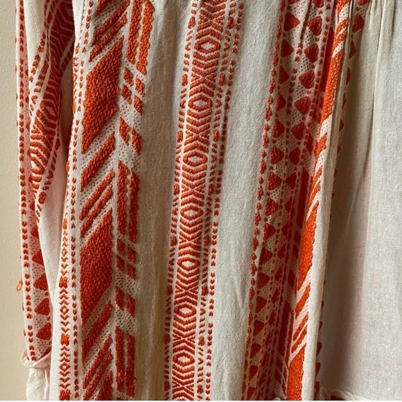 Elan Clara Orange White Embroidered Boho Mini Dress Bell Sleeve Pockets S - Picture 9 of 9